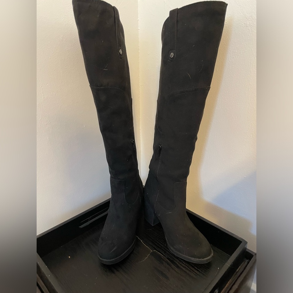 Black Faux Suede Over The Knee Boots Block Heel Side Zip‎ Women's Size 7.5